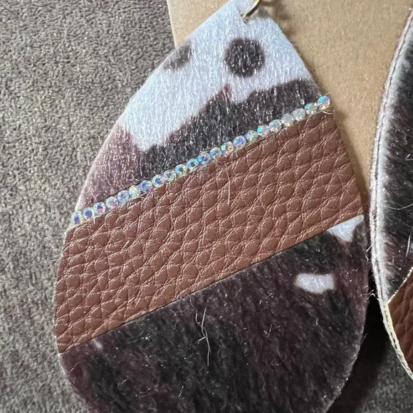 Hair On Hide Faux Leather Jeweled Teardrop Dangle Drop Earrings - Picture 9 of 10